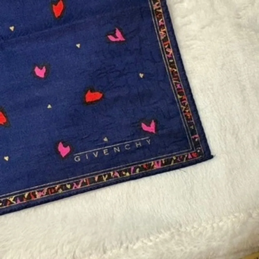 Vtg GIVENCHY Scarf Handkerchief Heart Cotton Navy Blue 18.5